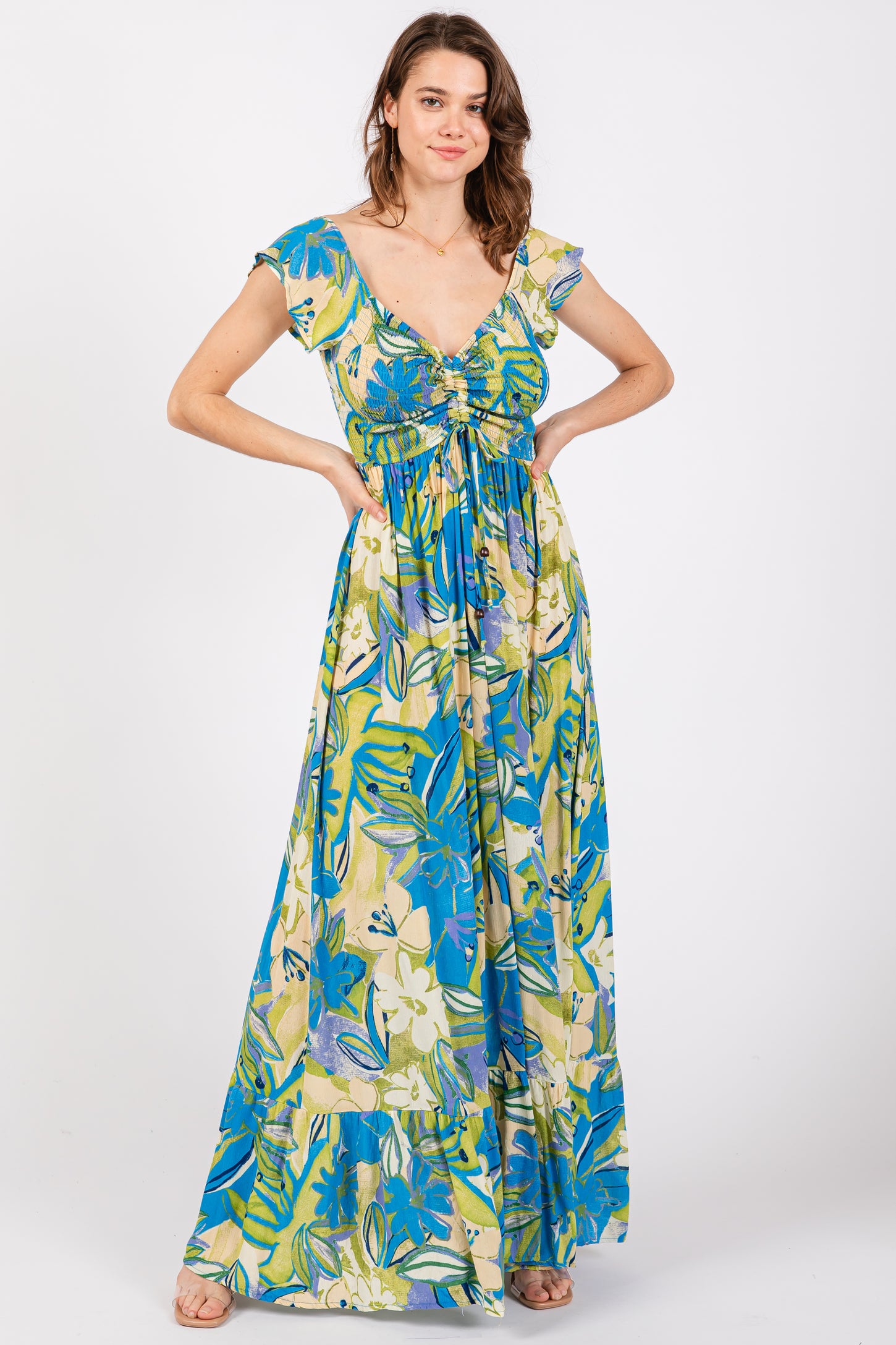 Blue Floral Smocked Off Shoulder Maternity Maxi Dress