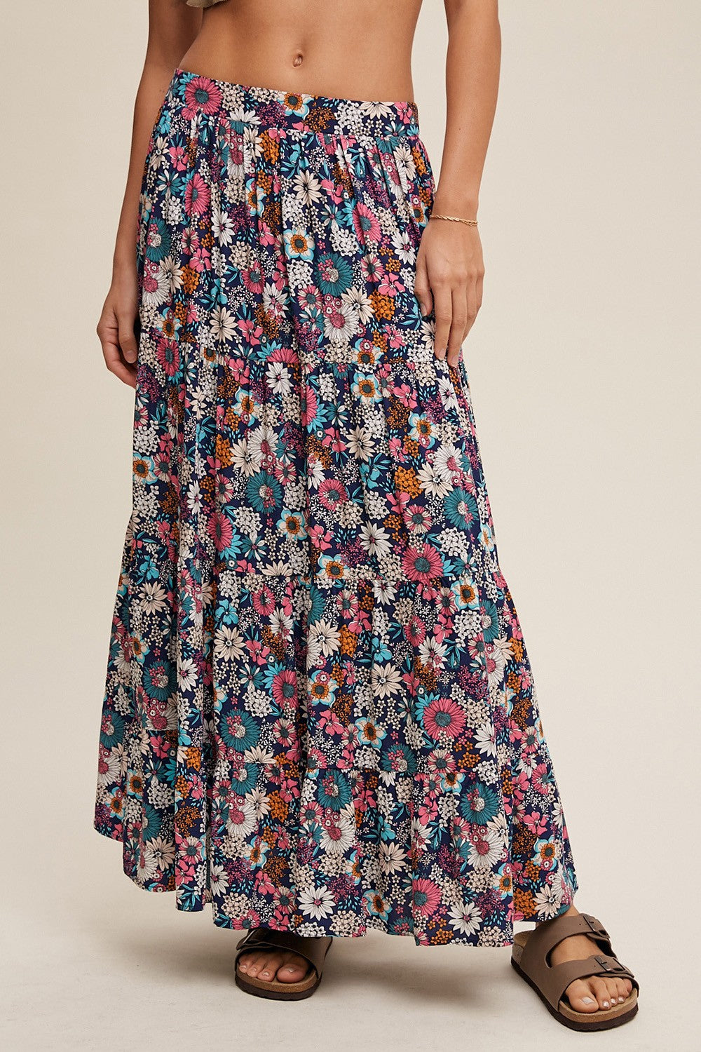 Navy Floral Tiered Midi Skirt