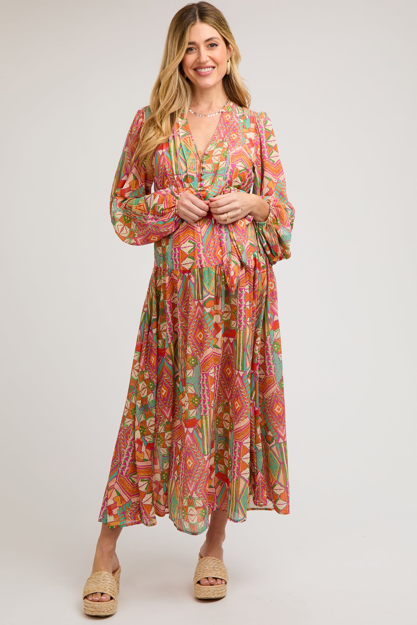 Orange Button Front Ruffle Maternity Midi Dress