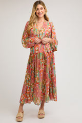 Orange Button Front Ruffle Maternity Midi Dress