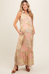 Peach Floral Sleeveless Button Tiered Collared Maternity Maxi Dress