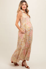 Peach Floral Sleeveless Button Tiered Collared Maternity Maxi Dress