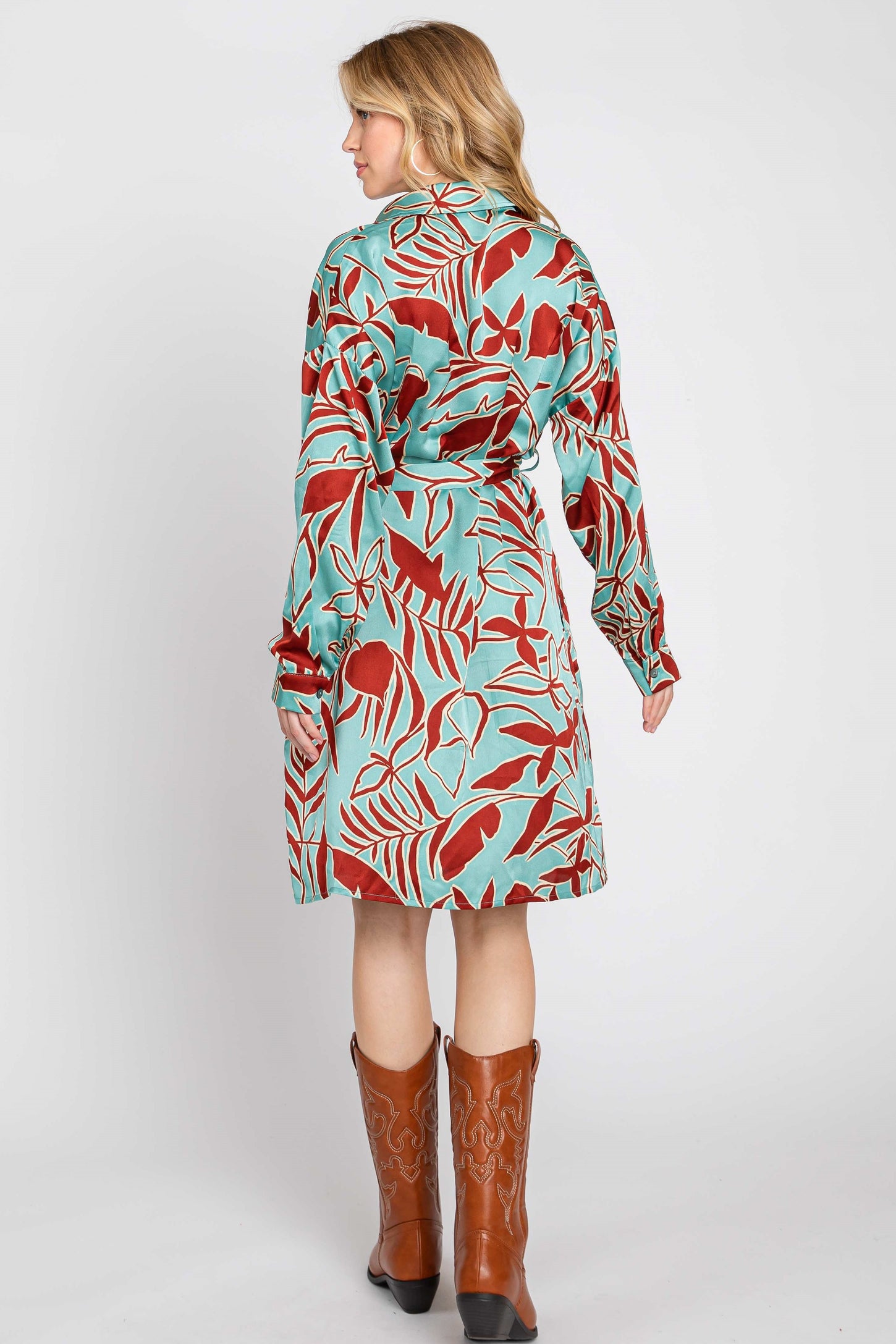 Brown Leaf Print Satin Button Down Dress