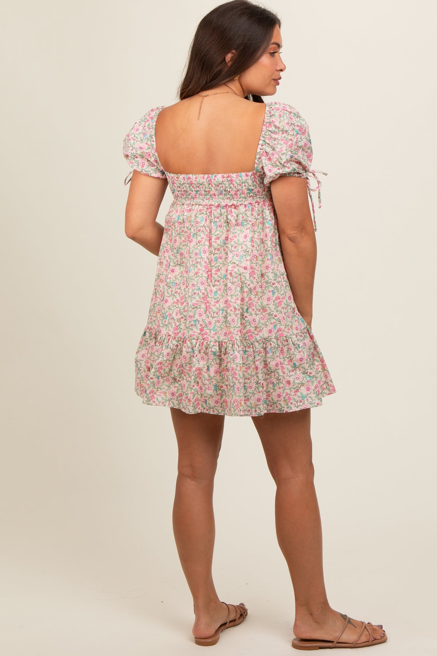 Cream Floral Sweetheart Neck Short Puff Sleeve Maternity Dress