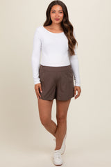 Brown Elastic Waist Side Pocket Active Maternity Shorts