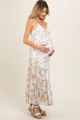 Cream Floral Sleeveless Tiered Maternity Maxi Dress