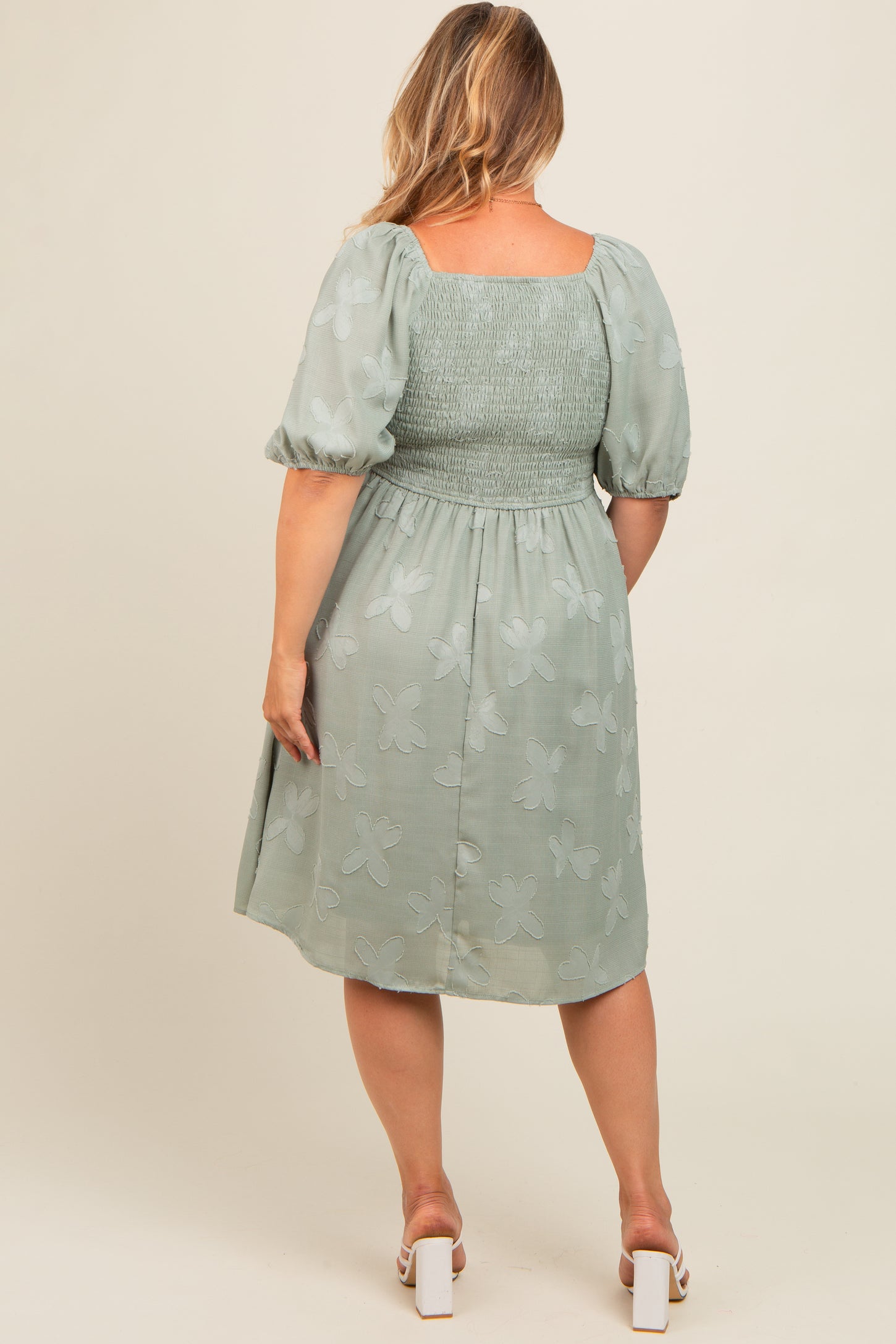 Sage Textured Floral Square Neck Puff Sleeve Maternity Plus Dress