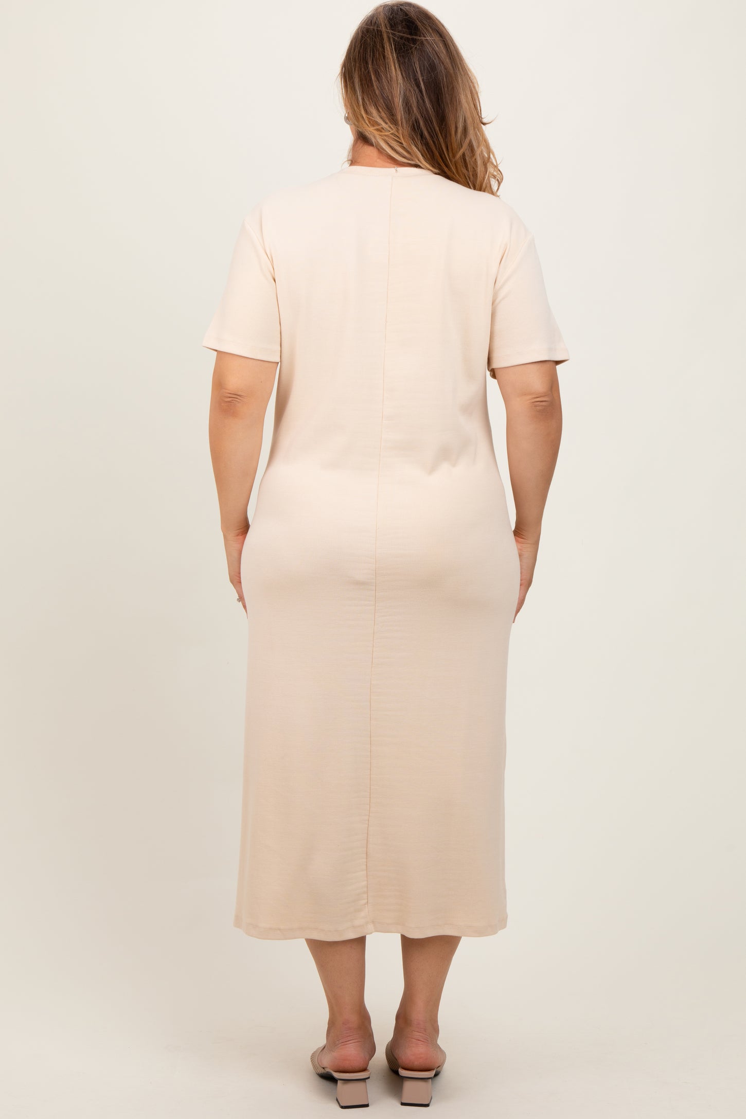 Cream Short Sleeve Side Slit Maternity Plus T-Shirt Midi Dress