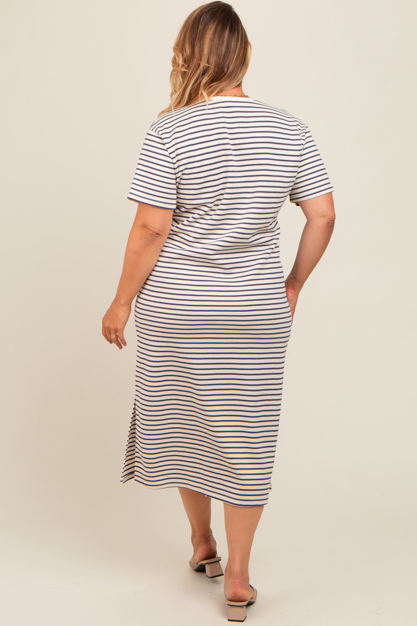 Navy Striped Short Sleeve Maternity Plus T-Shirt Midi Dress