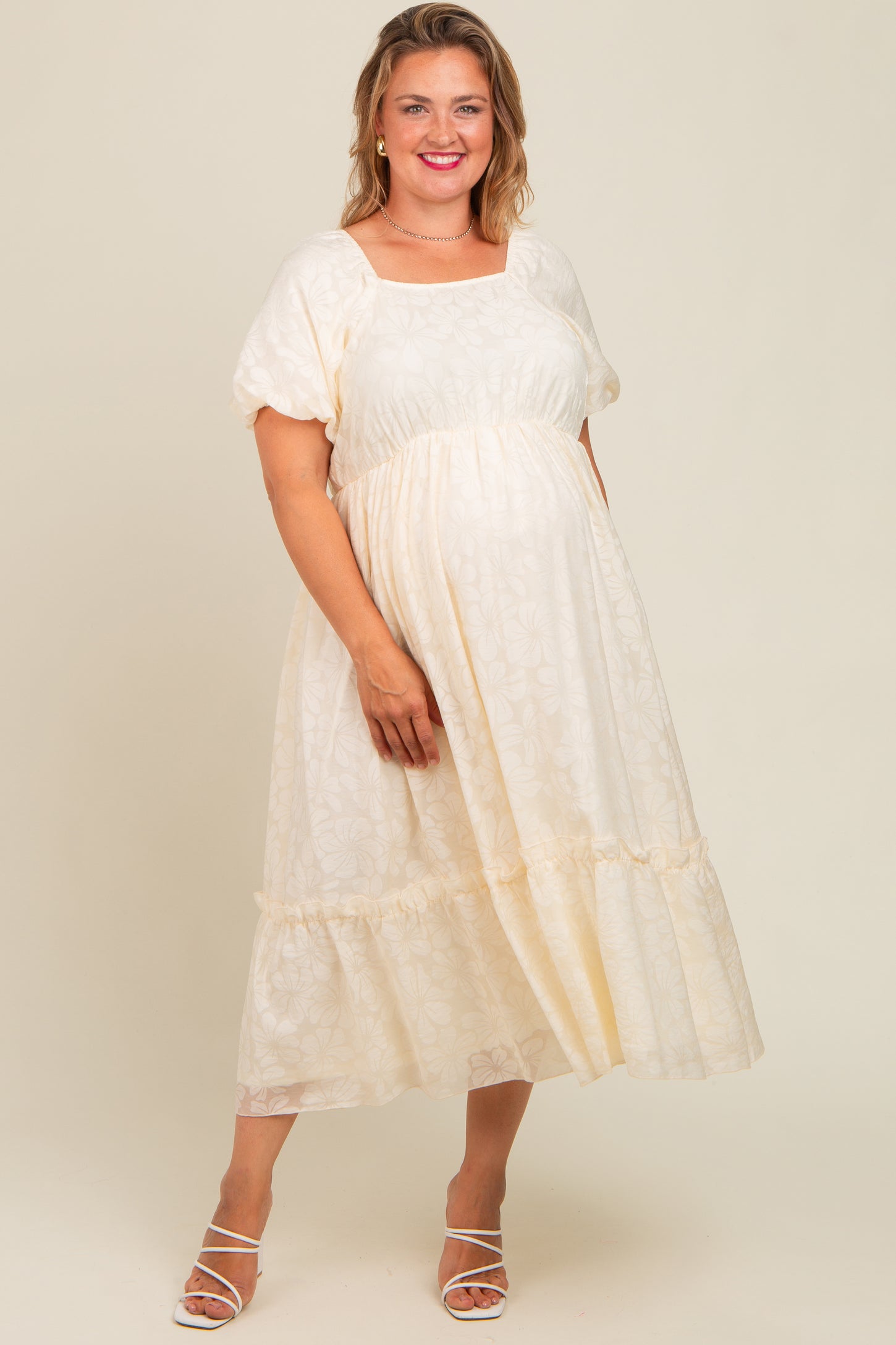 Cream Floral Square Neck Bubble Sleeve Plus Maternity Maxi Dress