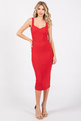 Red Sleeveless Ribbed Fitted Dress