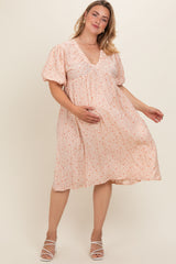 Peach Floral Puff Sleeve Plus Maternity Midi Dress