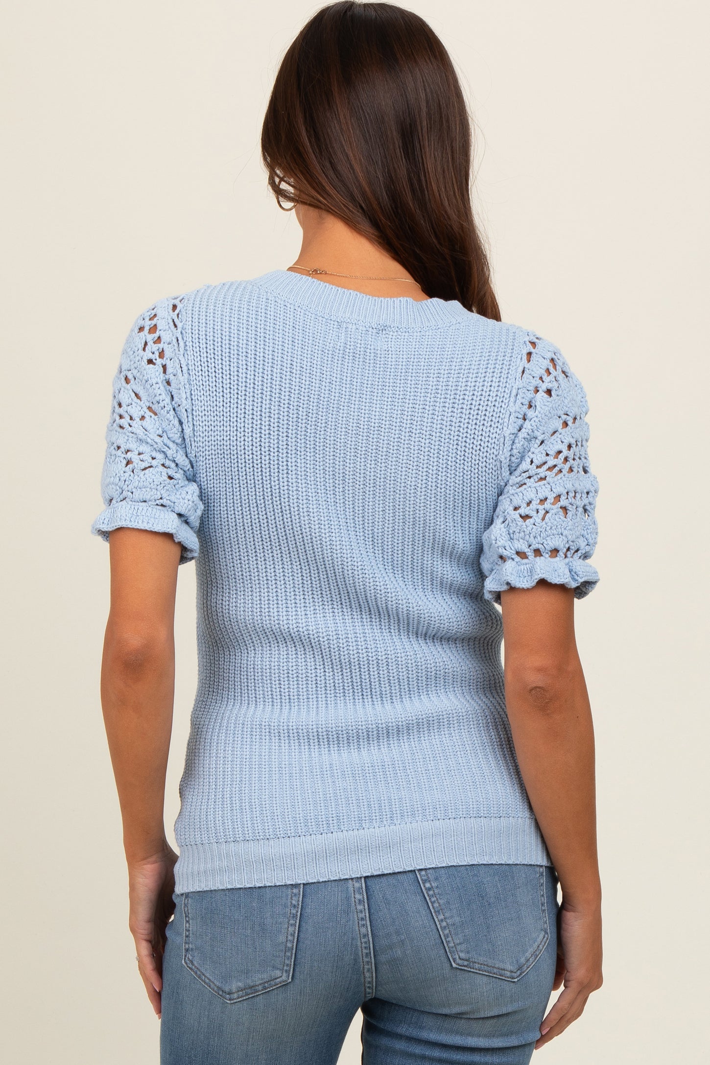 Light Blue Open Knit Short Puff Sleeve Maternity Sweater Top