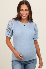 Light Blue Open Knit Short Puff Sleeve Maternity Sweater Top