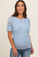 Light Blue Open Knit Short Puff Sleeve Maternity Sweater Top