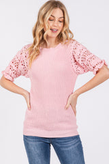 Light Pink Open Knit Short Puff Sleeve Maternity Sweater Top