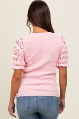 Light Pink Open Knit Short Puff Sleeve Maternity Sweater Top