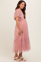 Mauve Dotted Tulle Smocked Maternity Midi Dress