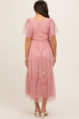 Mauve Dotted Tulle Smocked Maternity Midi Dress