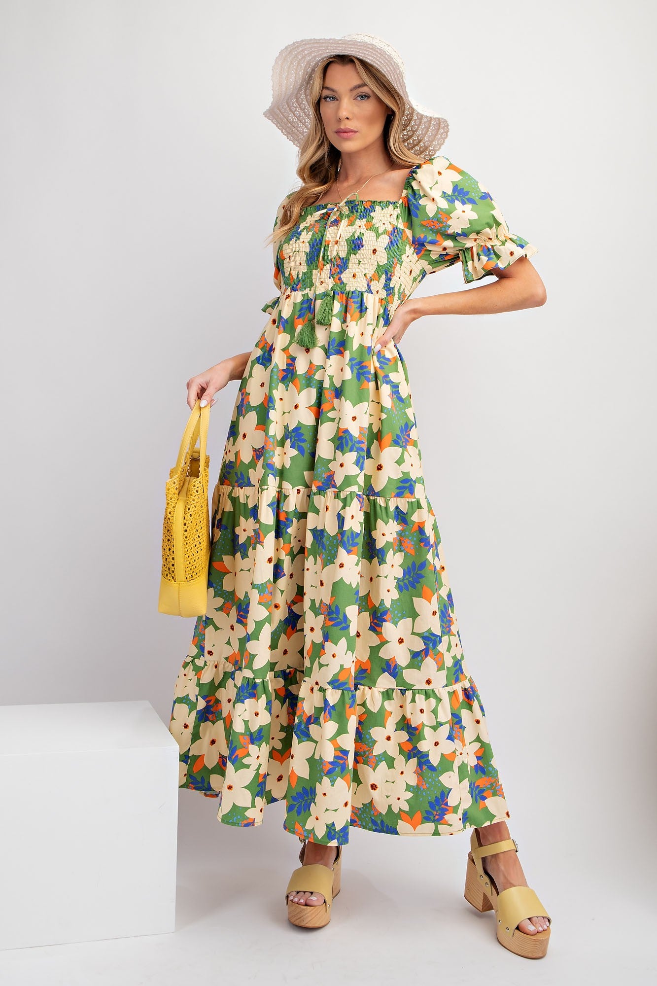 Green Floral Puff Sleeve Maternity Maxi Dress