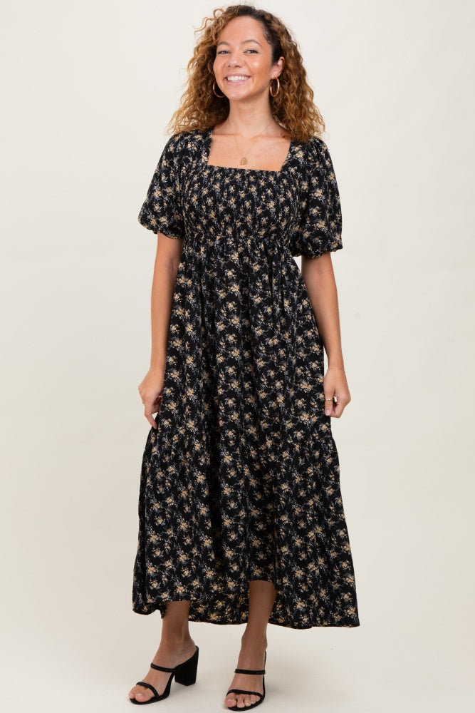 Black Floral Smocked Square Neck Short Puff Sleeve Midi Dress
