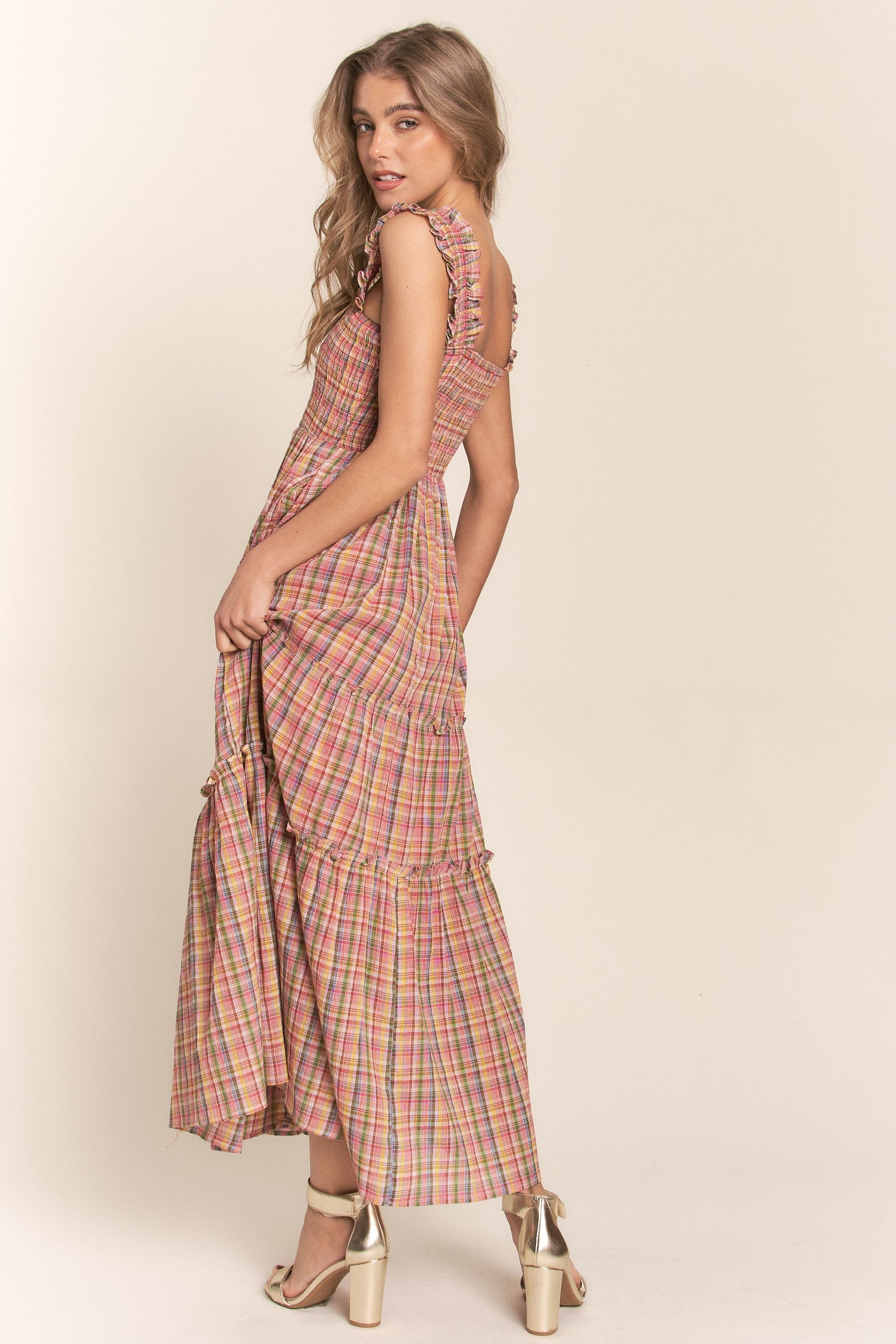 Multi-Color Plaid Sleeveless Ruffle Maxi Dress