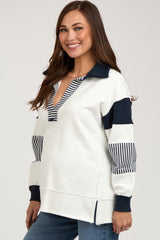 Navy Colorblock Stripe Collared Maternity Sweater