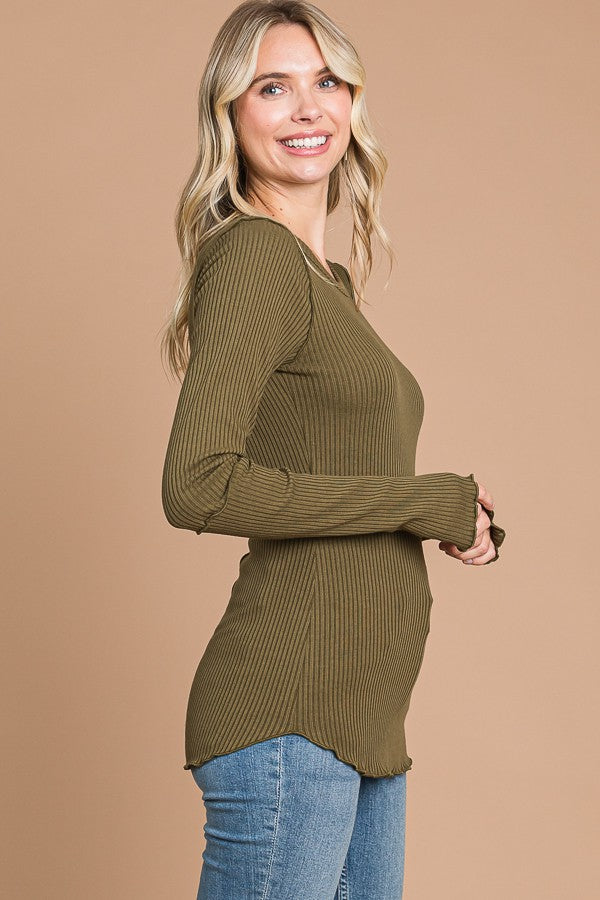 Olive Ribbed Long Sleeve Top