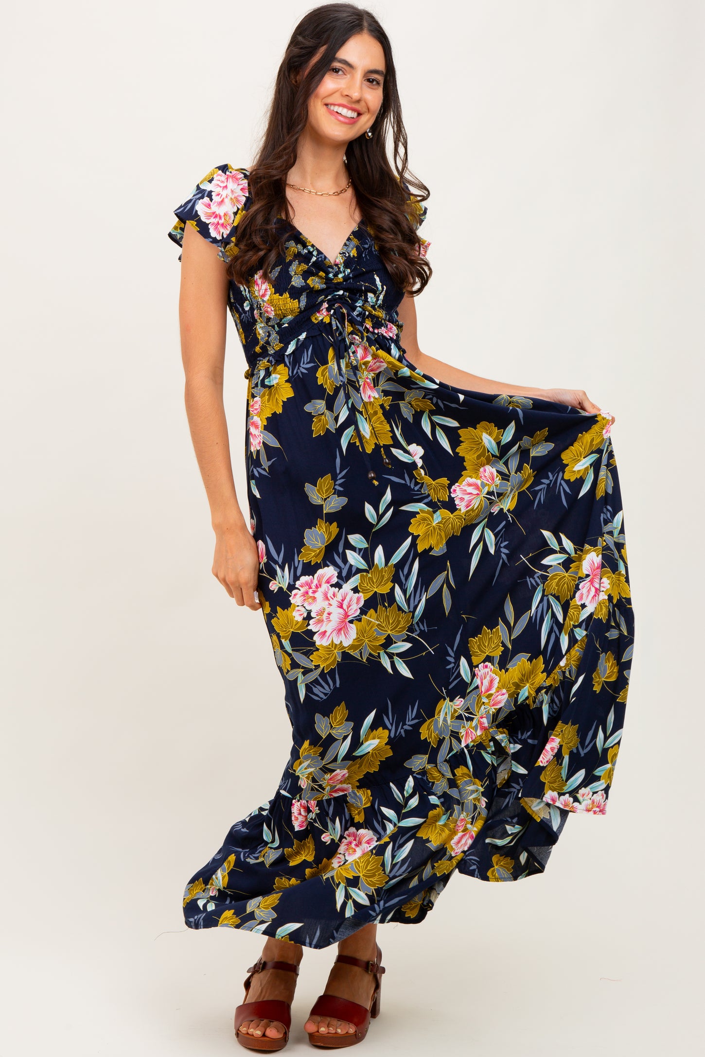Navy Floral Smocked Cinched Top Maxi Dress