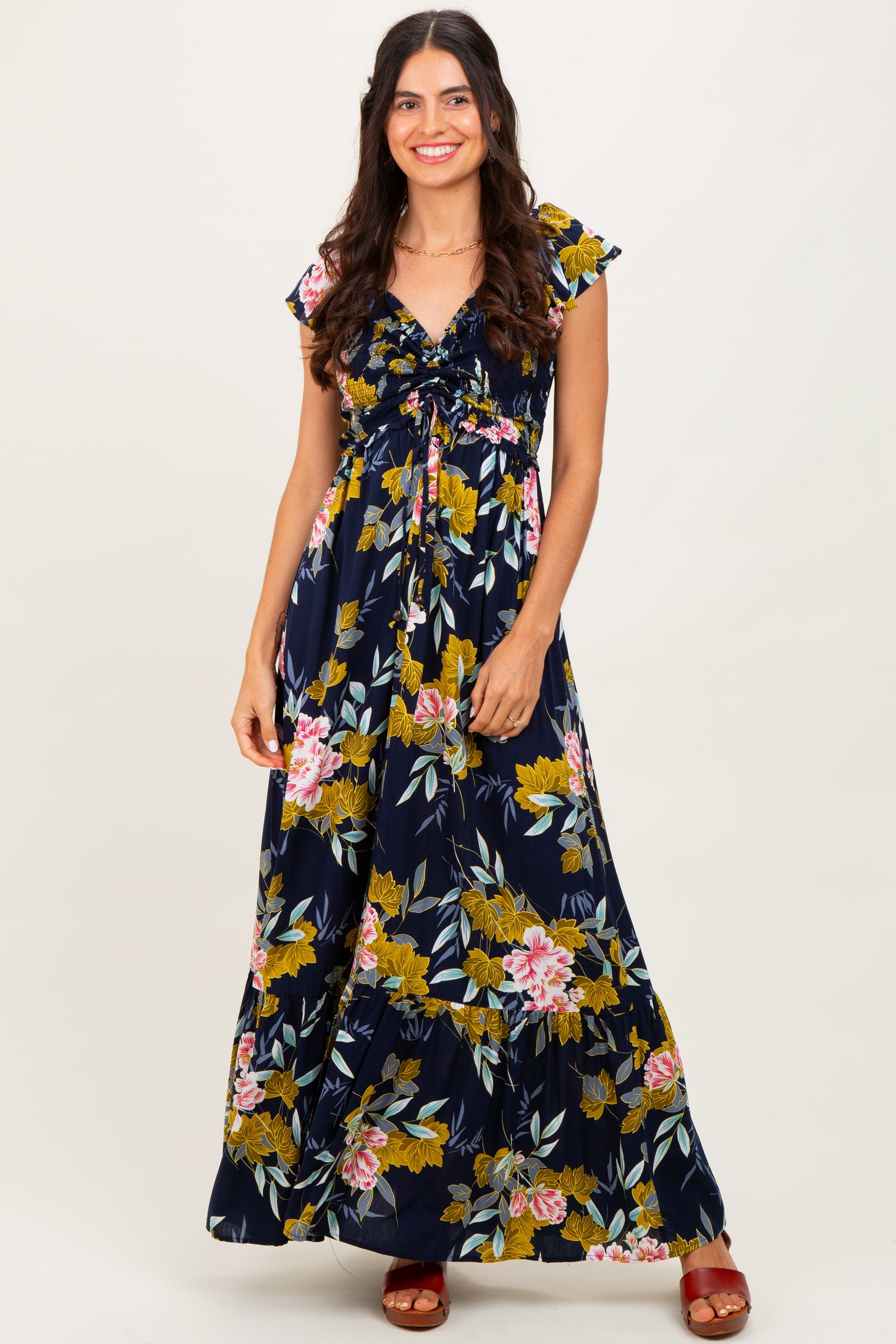 Navy Floral Smocked Cinched Top Maternity Maxi Dress
