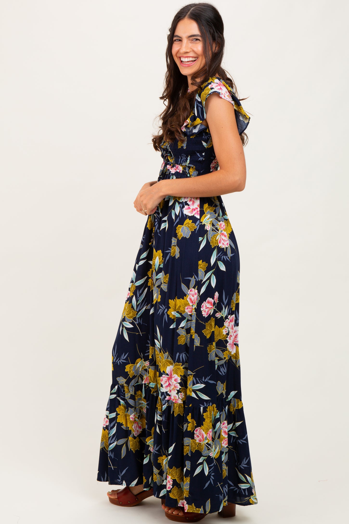 Navy Floral Smocked Cinched Top Maxi Dress
