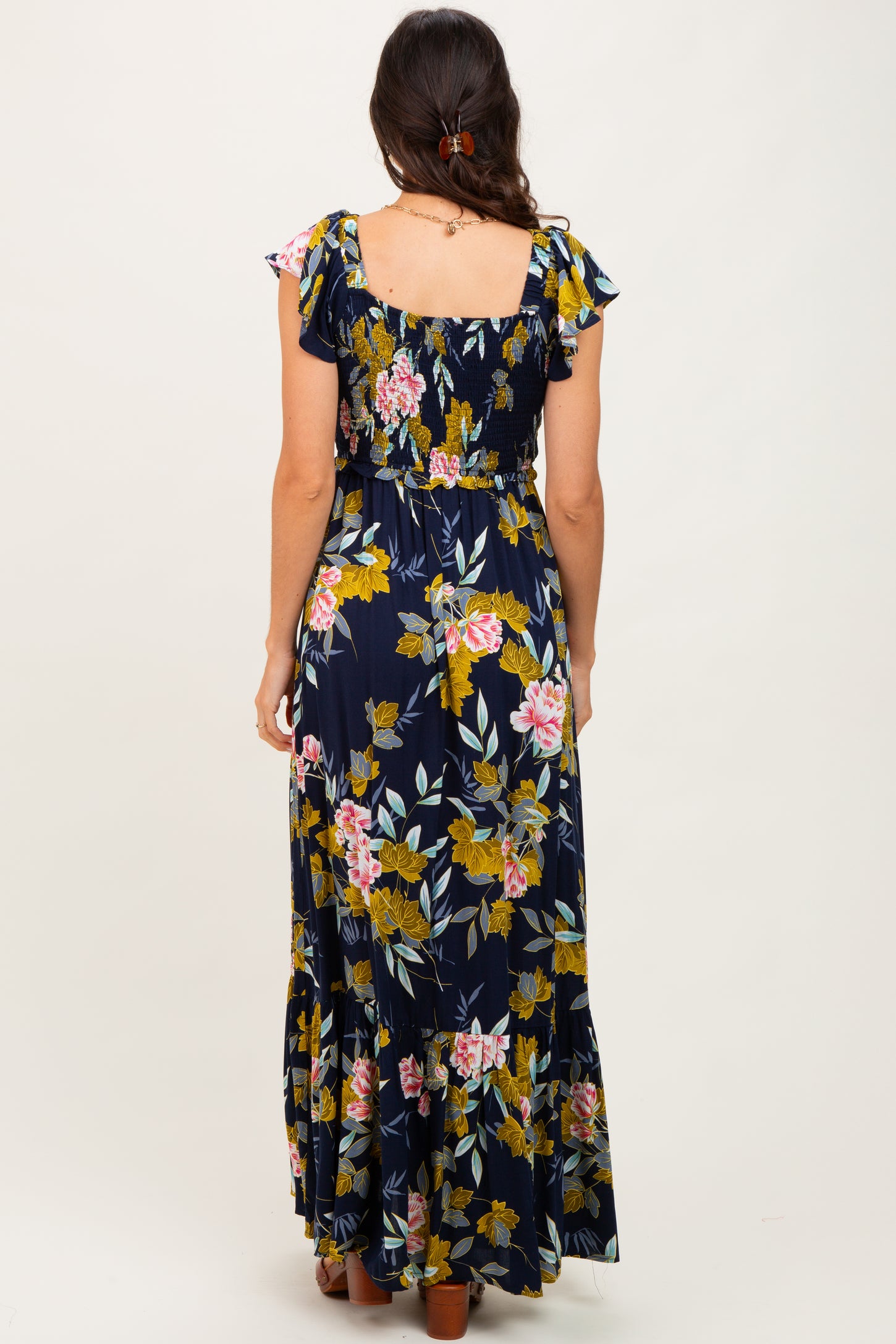Navy Floral Smocked Cinched Top Maxi Dress