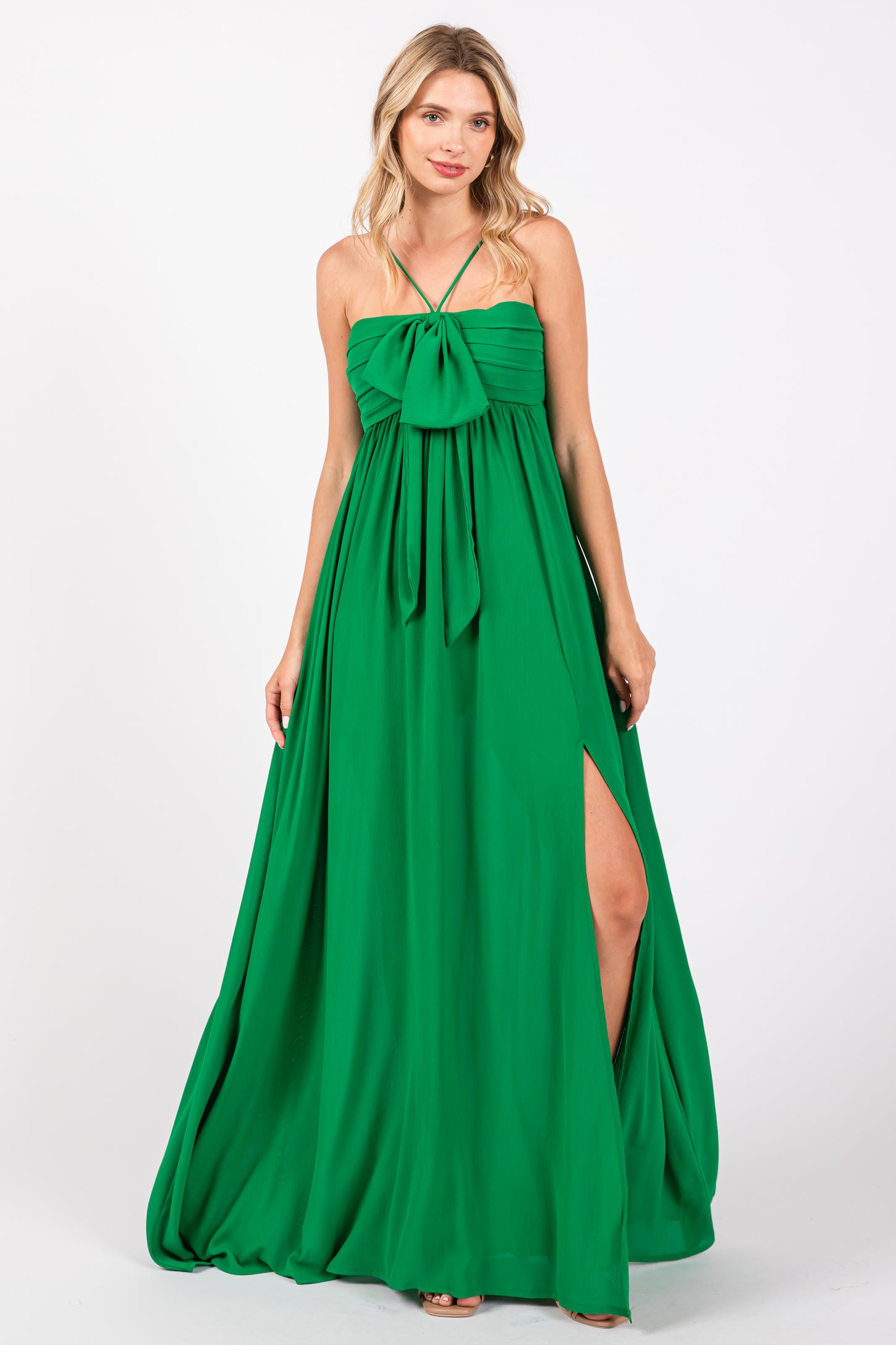 Green Pleated Front Tie Side Slit Maternity Maxi Dress