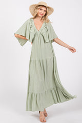 Light Olive Flounce Sleeve Tiered Dress