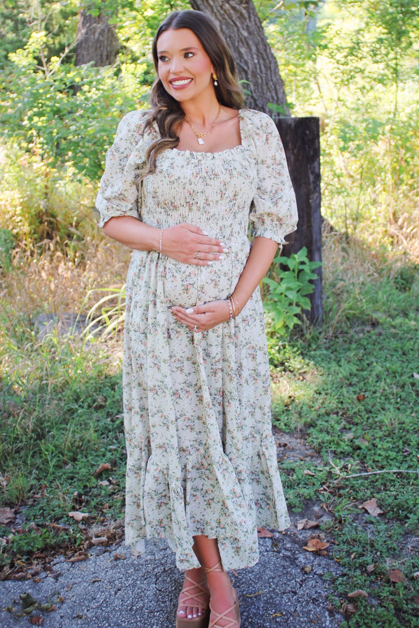 Light Olive Smocked Handkerchief Hem Maternity Dress