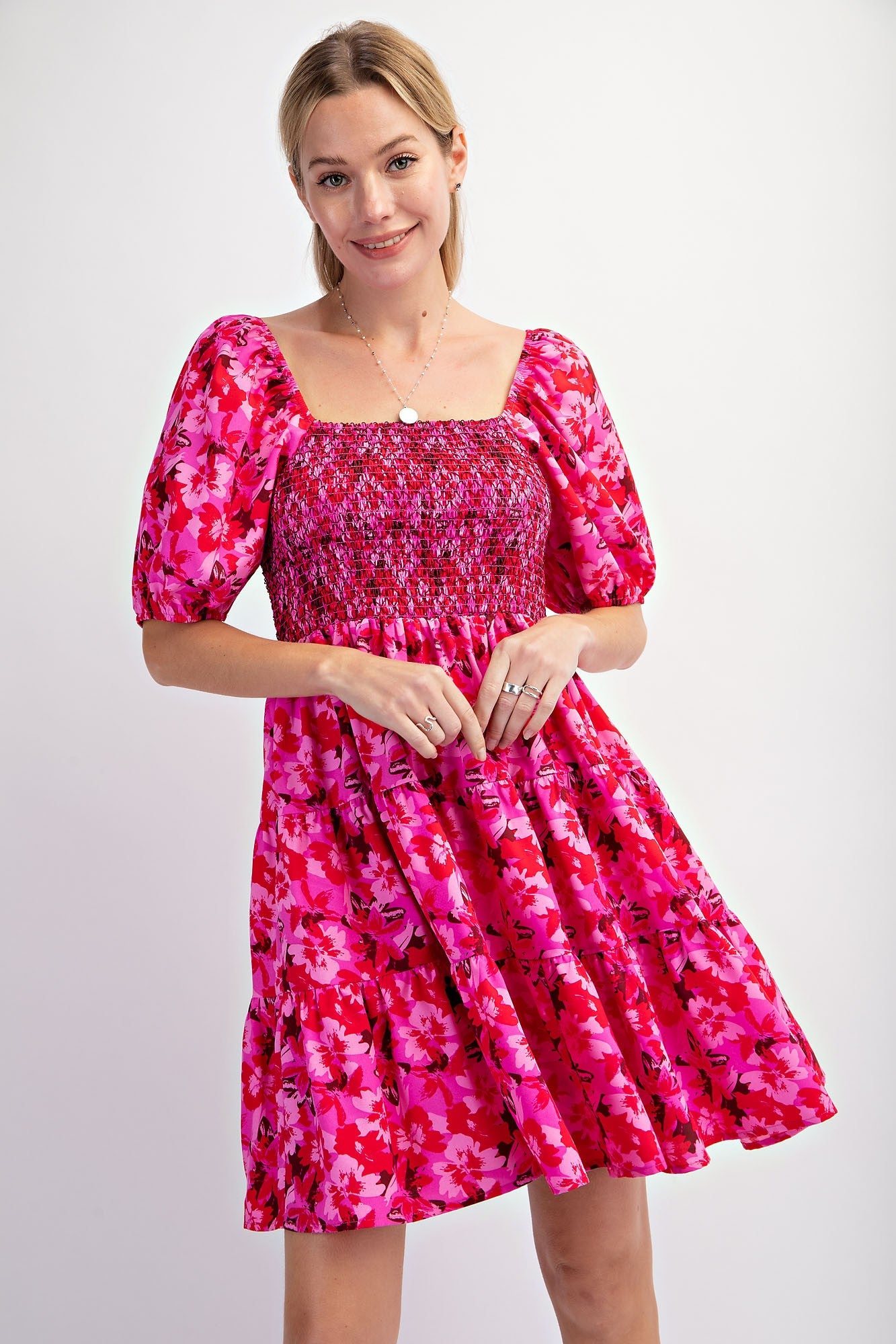 Fuchsia Floral Smocked Tiered Maternity Dress