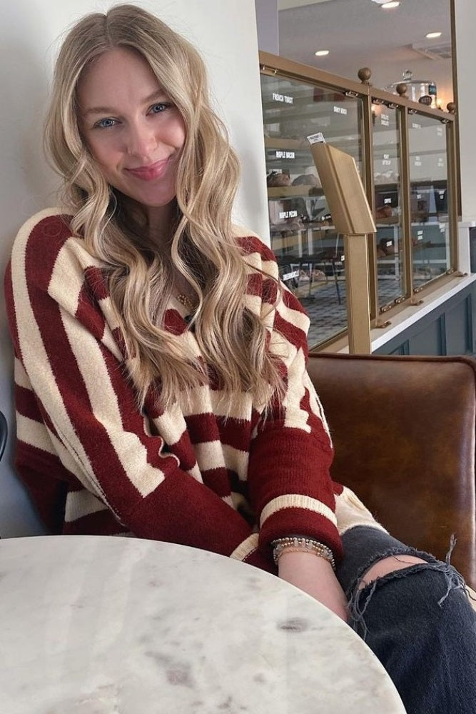 Cream Maroon Striped Sweater Cardigan