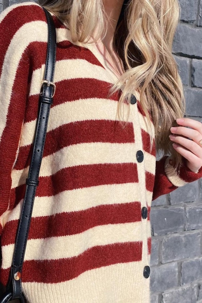 Cream Maroon Striped Sweater Cardigan