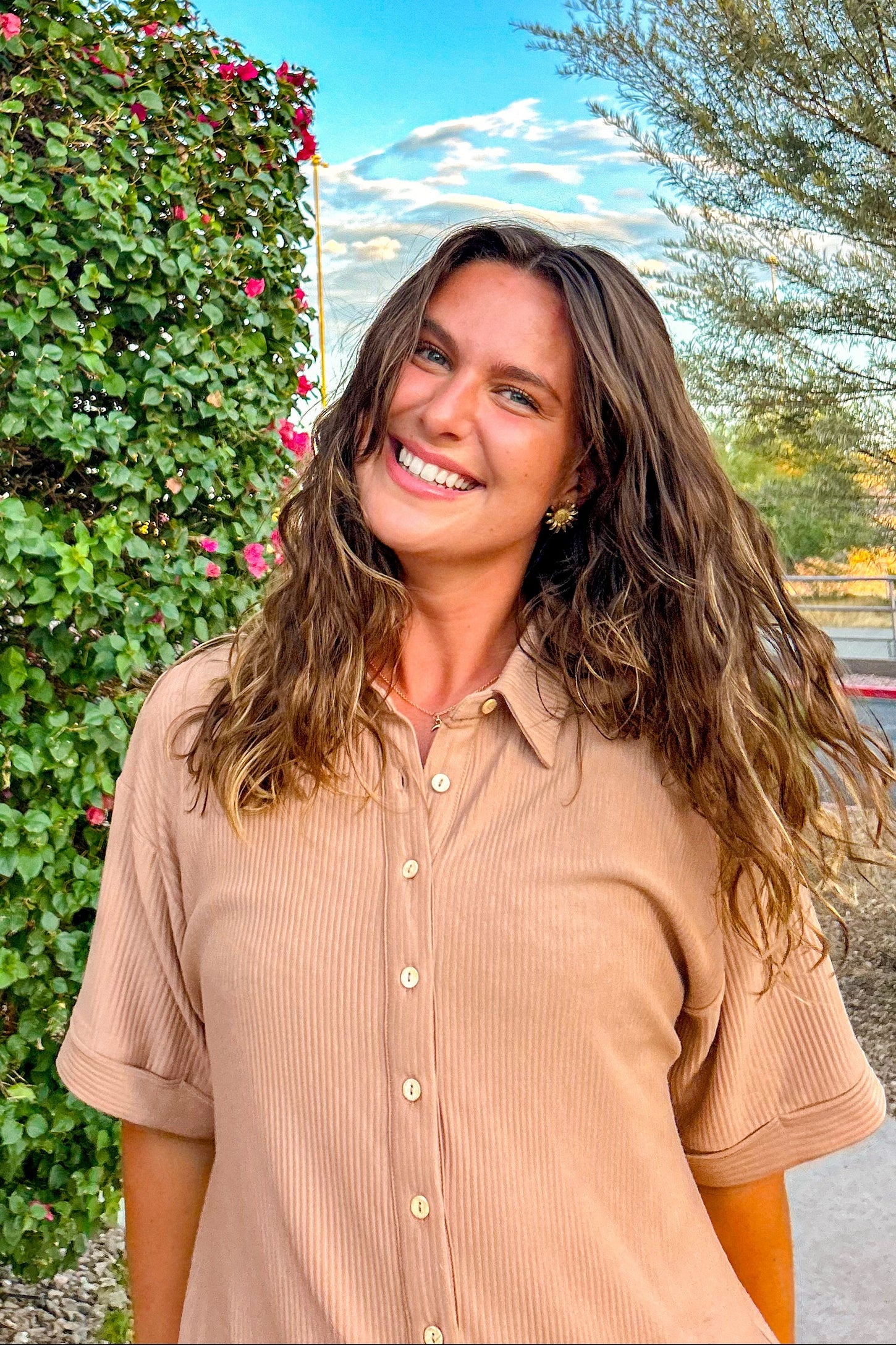 Almond Ribbed Button Down Romper