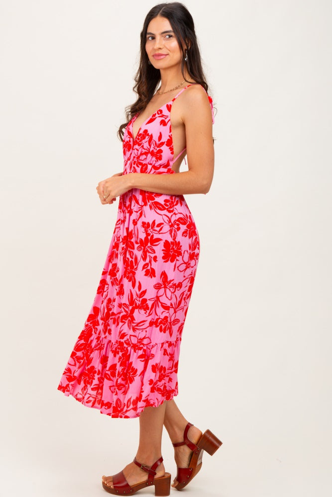 Pink Floral Print Halter Dress