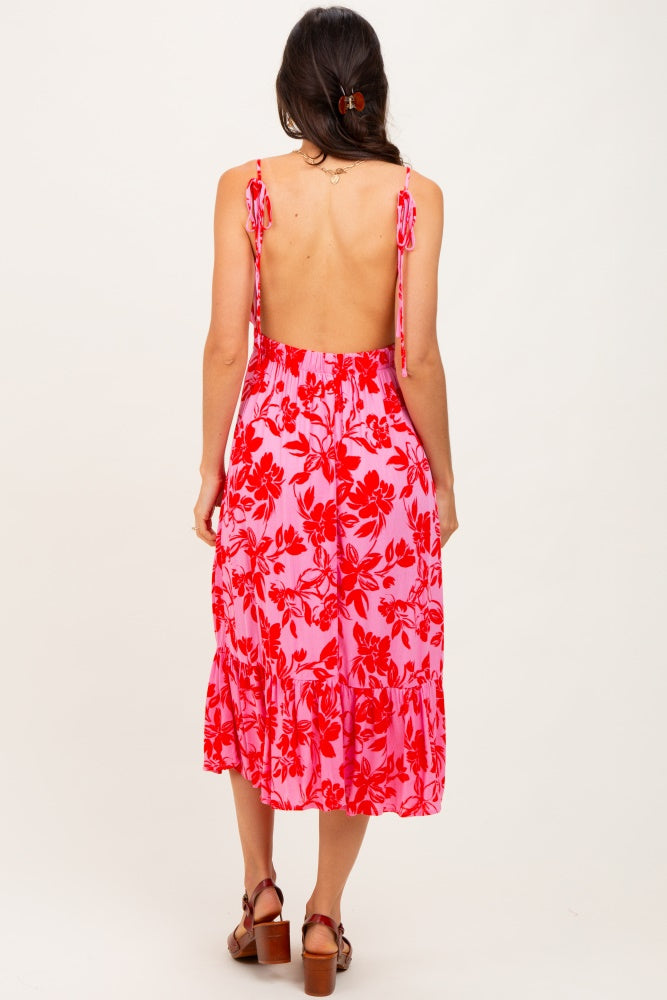Pink Floral Print Halter Dress