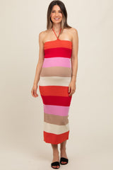 Orange Bodycon Halter Maternity Midi Dress