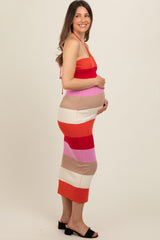 Orange Bodycon Halter Maternity Midi Dress