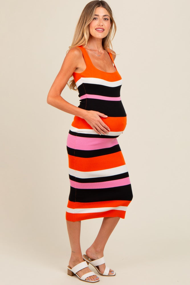 Orange Striped Sweater Square Neck Maternity Midi Dress