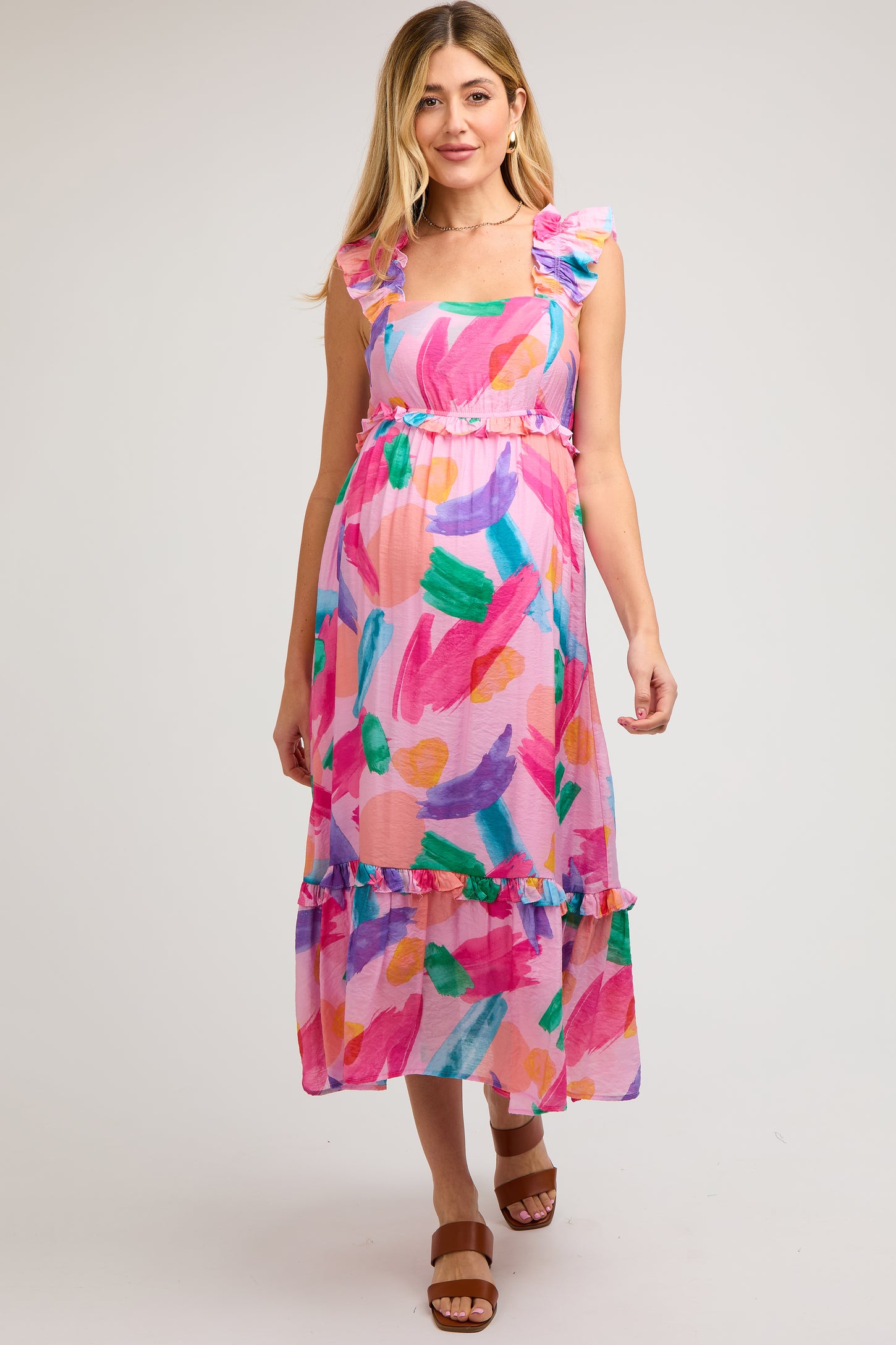 Pink Watercolor Print Ruffle Accent Maternity Midi Dress