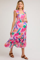 Pink Watercolor Print Ruffle Accent Maternity Midi Dress
