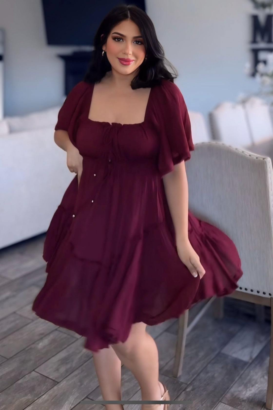 Burgundy Ruffle Hem  Ruched Mini Dress