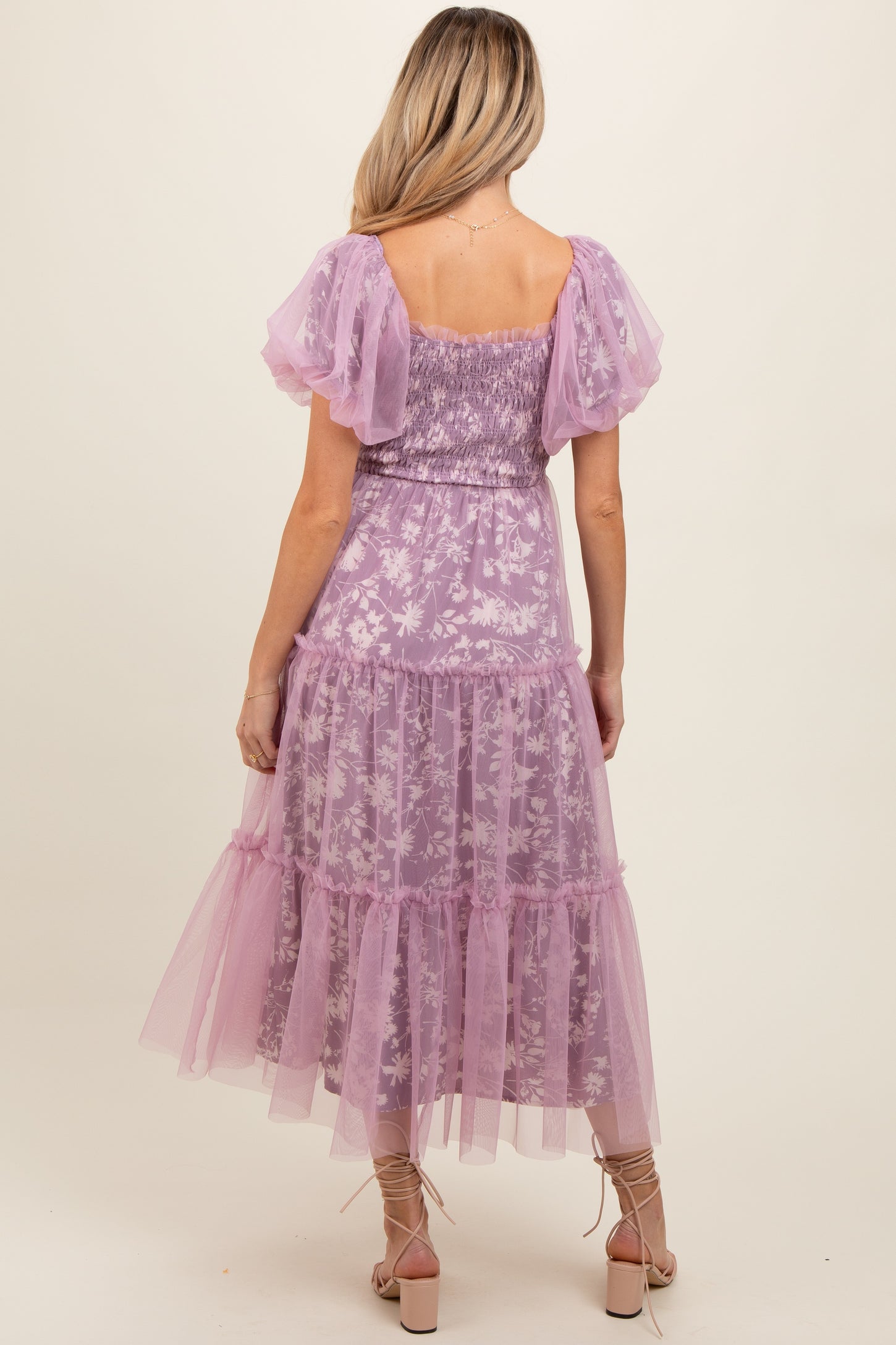 Mauve Floral Lined Smocked Tulle Maternity Midi Dress