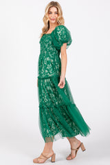 Forest Green Floral Lined Smocked Tulle Midi Dress