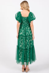 Forest Green Floral Lined Smocked Tulle Midi Dress